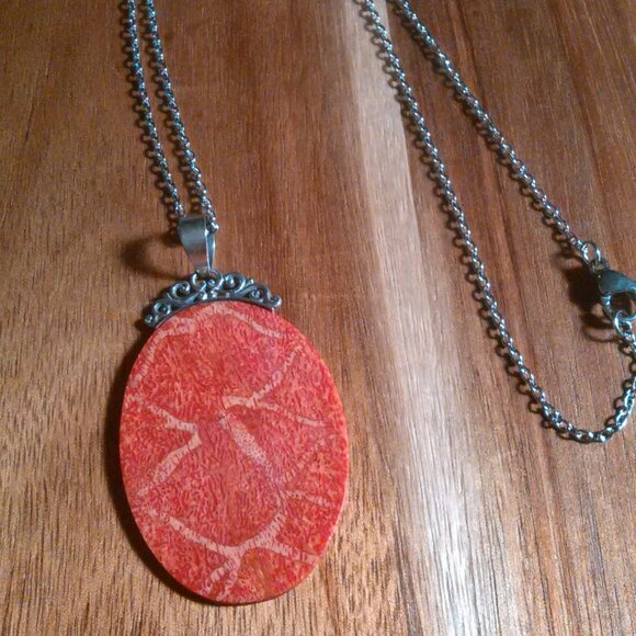 Red Sponge Coral Sterling Silver Pendant Stainless Steel Necklace - Picture 2 of 14
